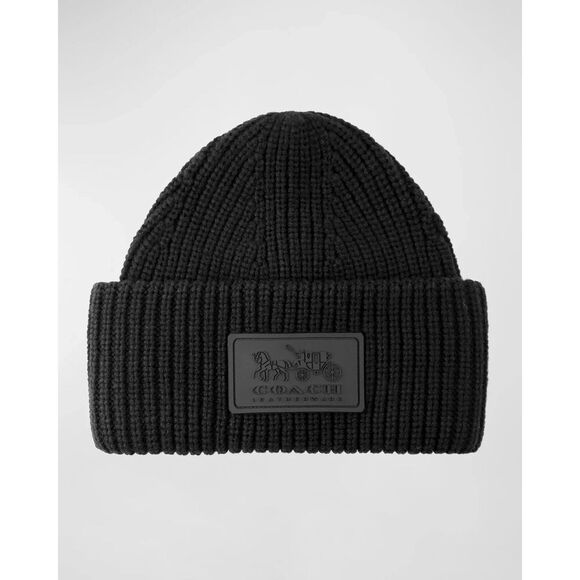 NEW WITHOUT TAG  COACH Wool Bland Ribbed Knit Logo Patch Beanie Black - Picture 1 of 4